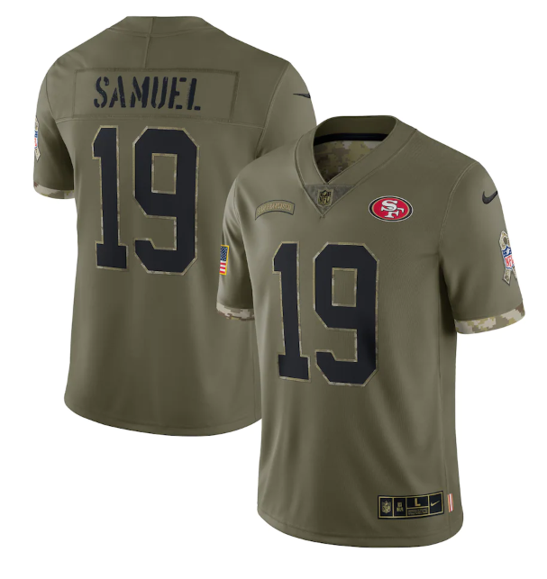 Men's San Francisco 49ers #19 Deebo Samuel Olive 2022 Salute To Service Limited Stitched Jersey Men's San Francisco 49ers #19 Deebo Samuel Olive 2022 Salute To Service Limited Stitched Jersey